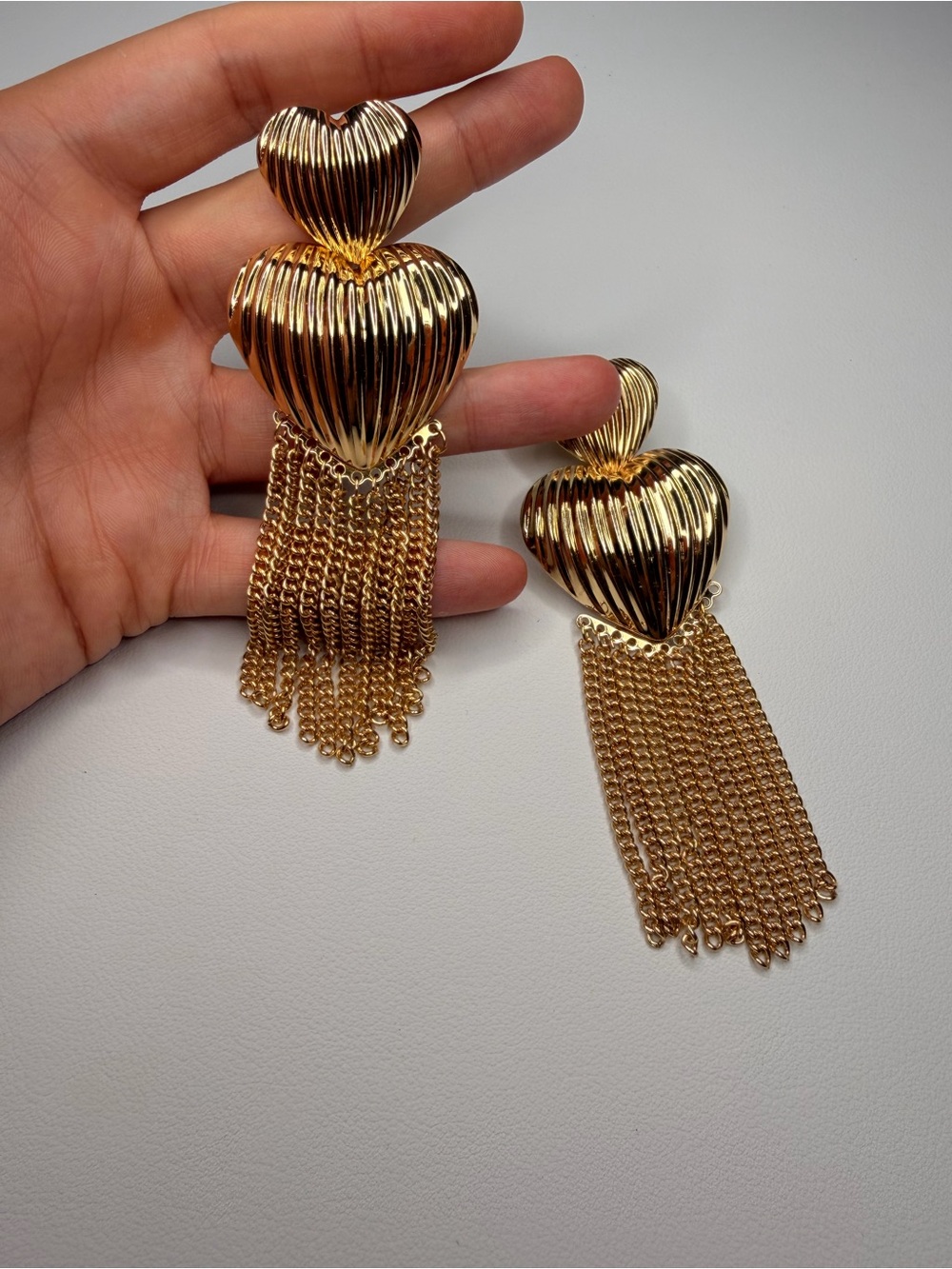Gold Heart Tassel Drop Earrings - Picture 8 of 9